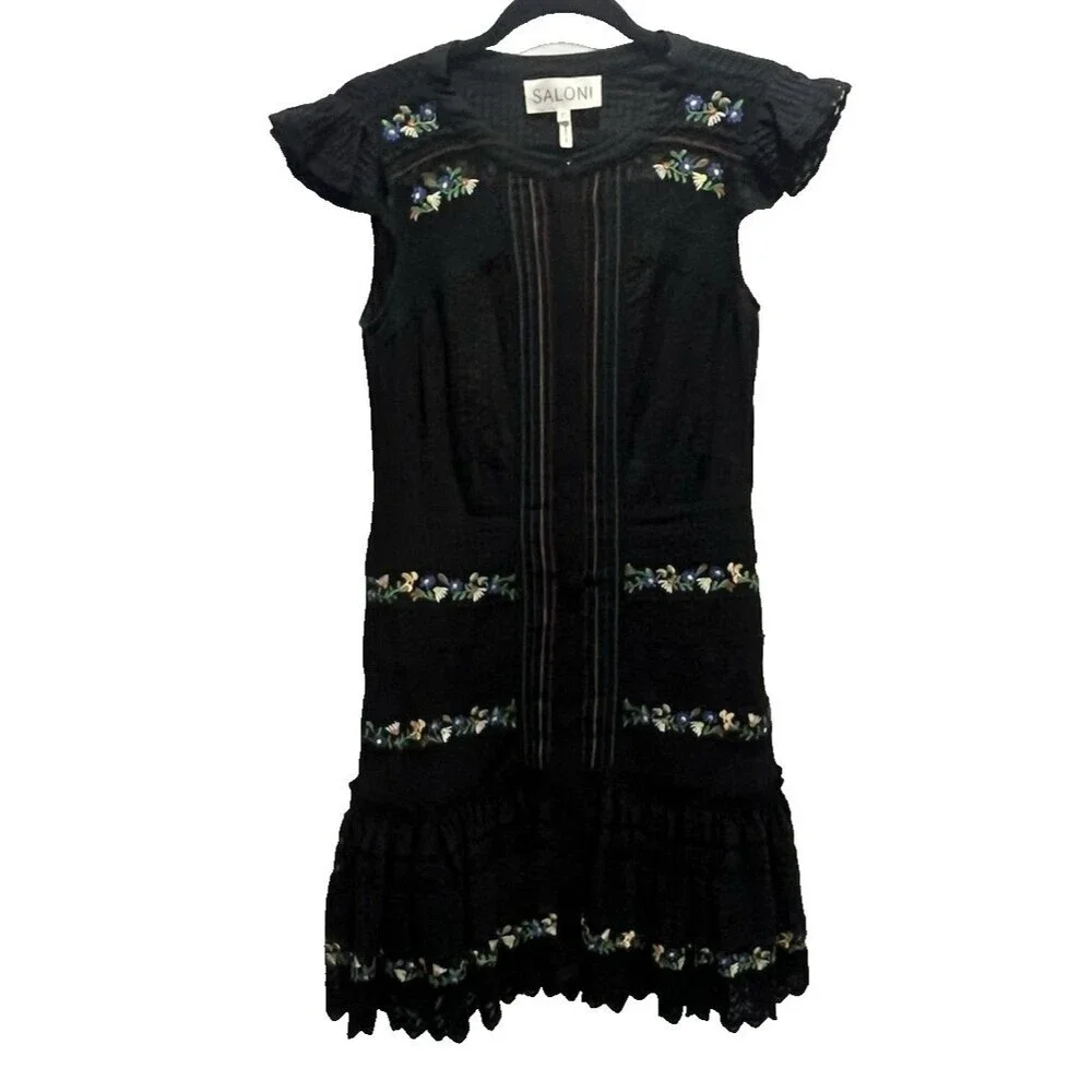 SALONI Bea Pintuck Ruffle Cap Sleeve Embroidered Cotton Mini Dress Size 4 ** - Picture 2 of 12